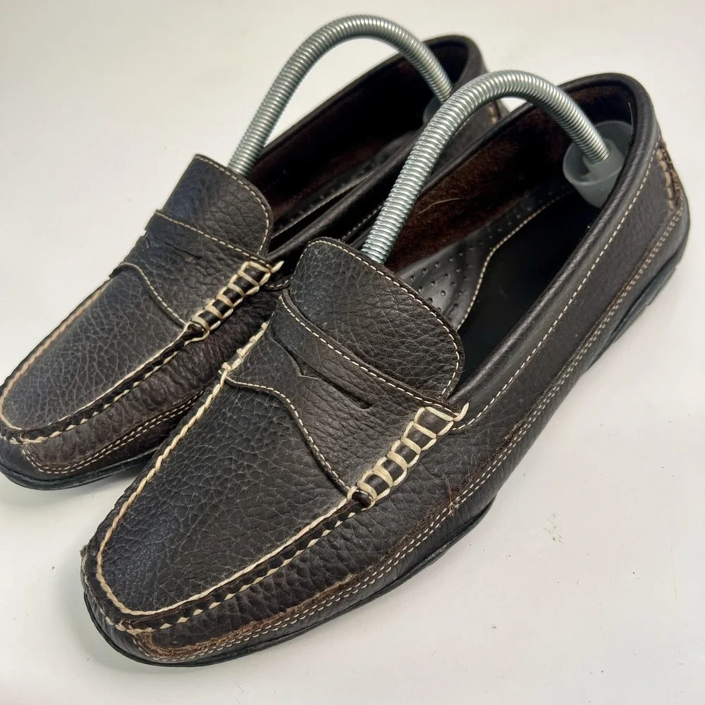 LL Beans Allagash Bison Leather Boat Moc Penny Loafers Mens Size 9.5 D Brown